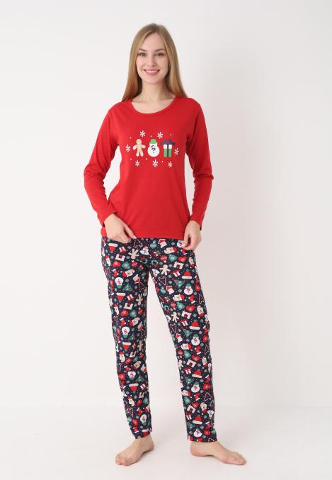 Pijama dama Craciun,maneca lunga si pantaloni lungi,imprimeu figurine festive, En-gros